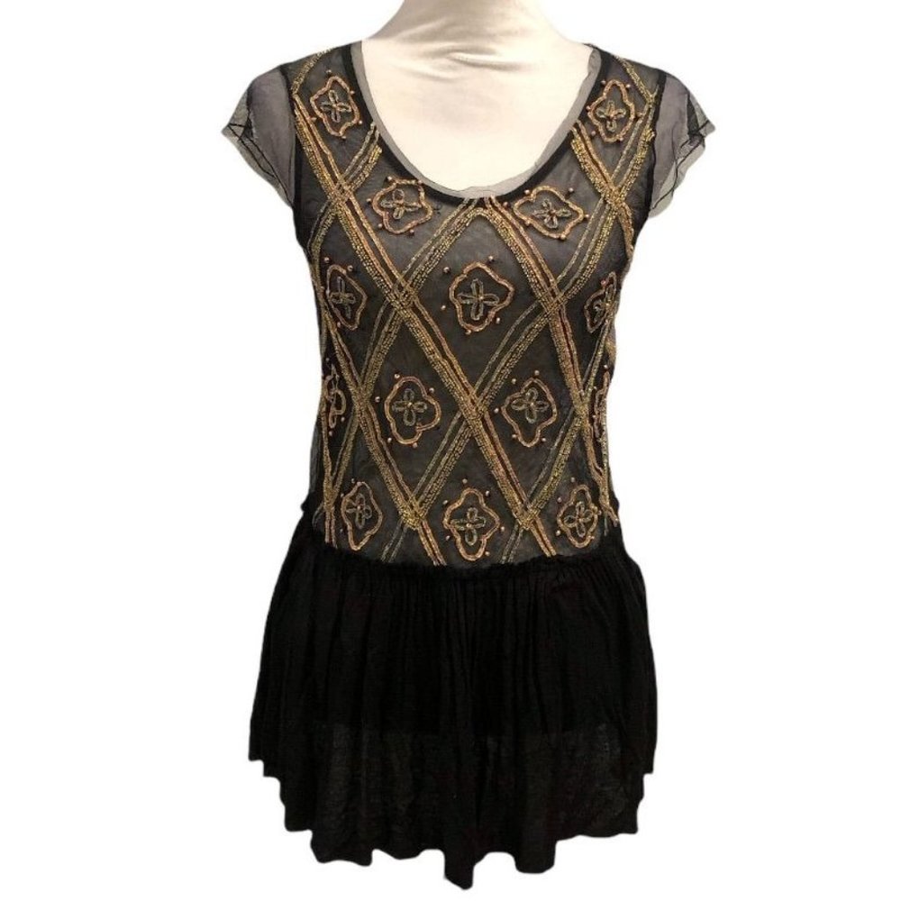 Free People Beaded Peplum Sheer Blouse Bohemian Boho Black Gold XS Fancy India